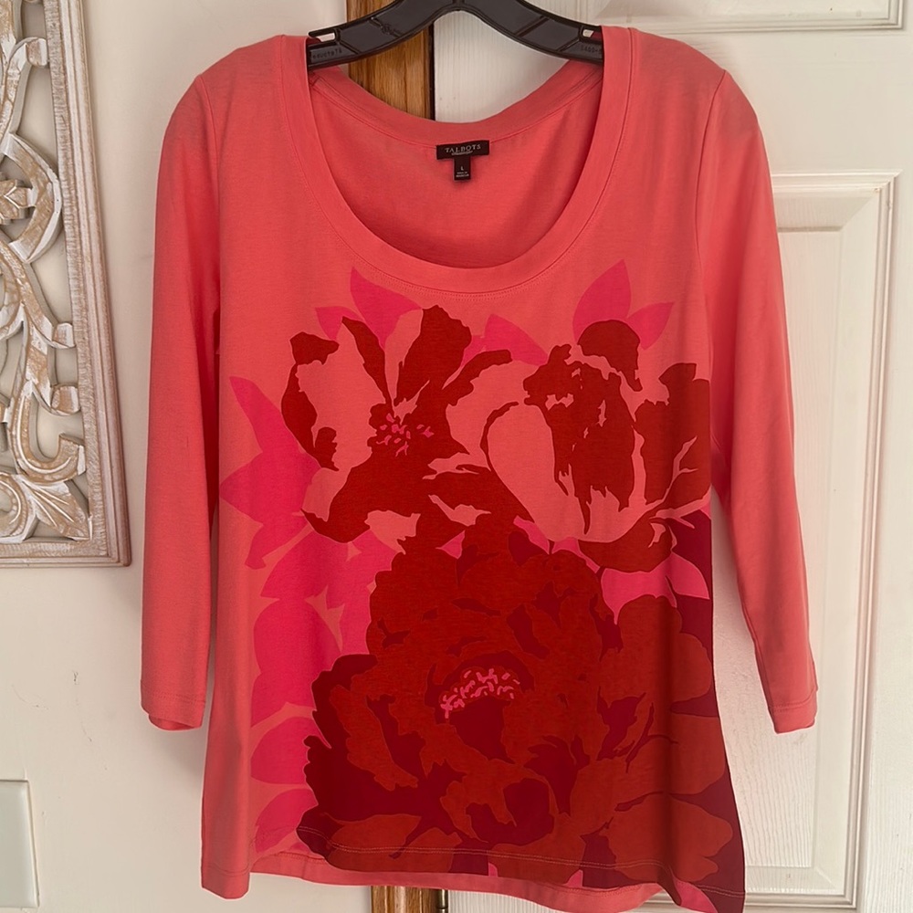 Talbots Bright Pink/Red Multi-Floral Top. Size Large.